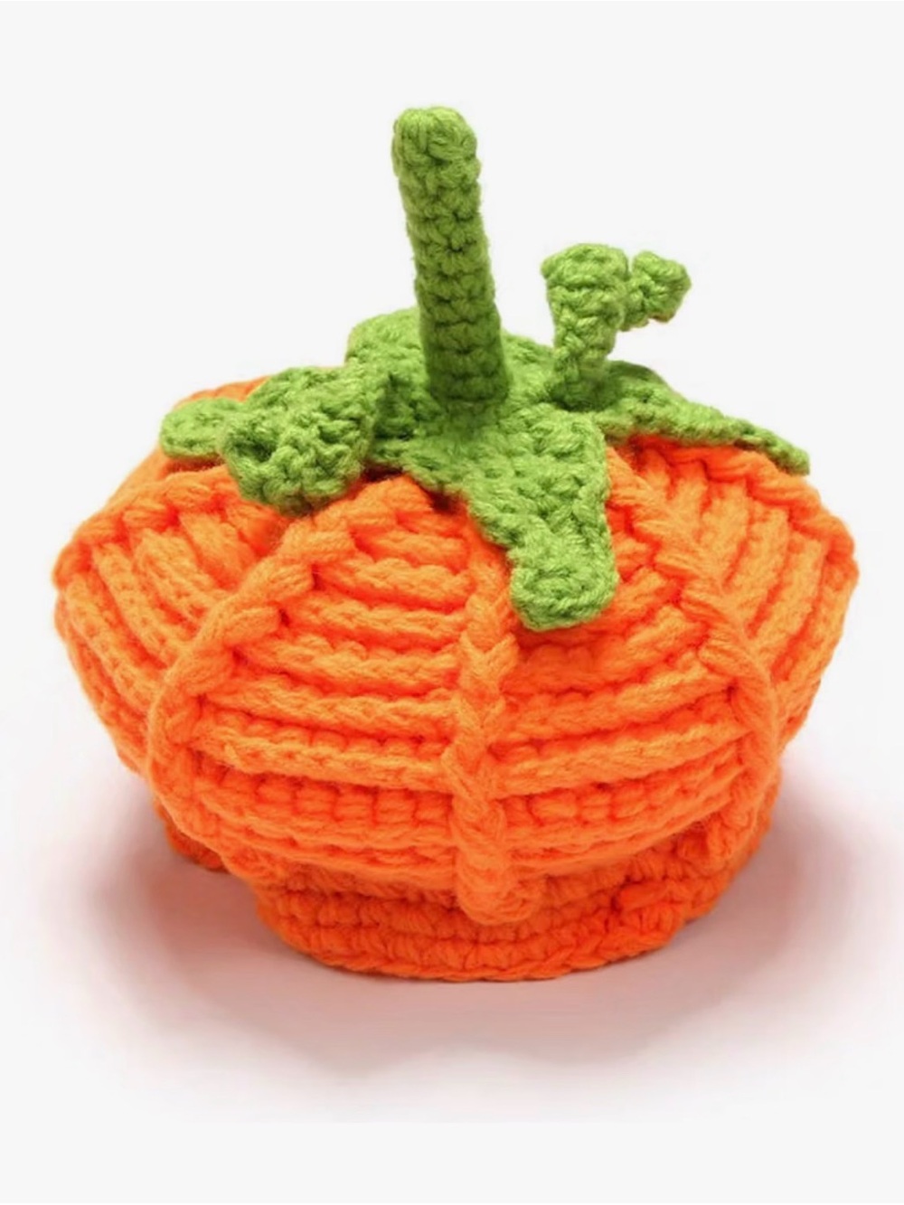 Toddler Orange Pumpkin Knit Beanie with Green Leaf Detail Halloween Costume